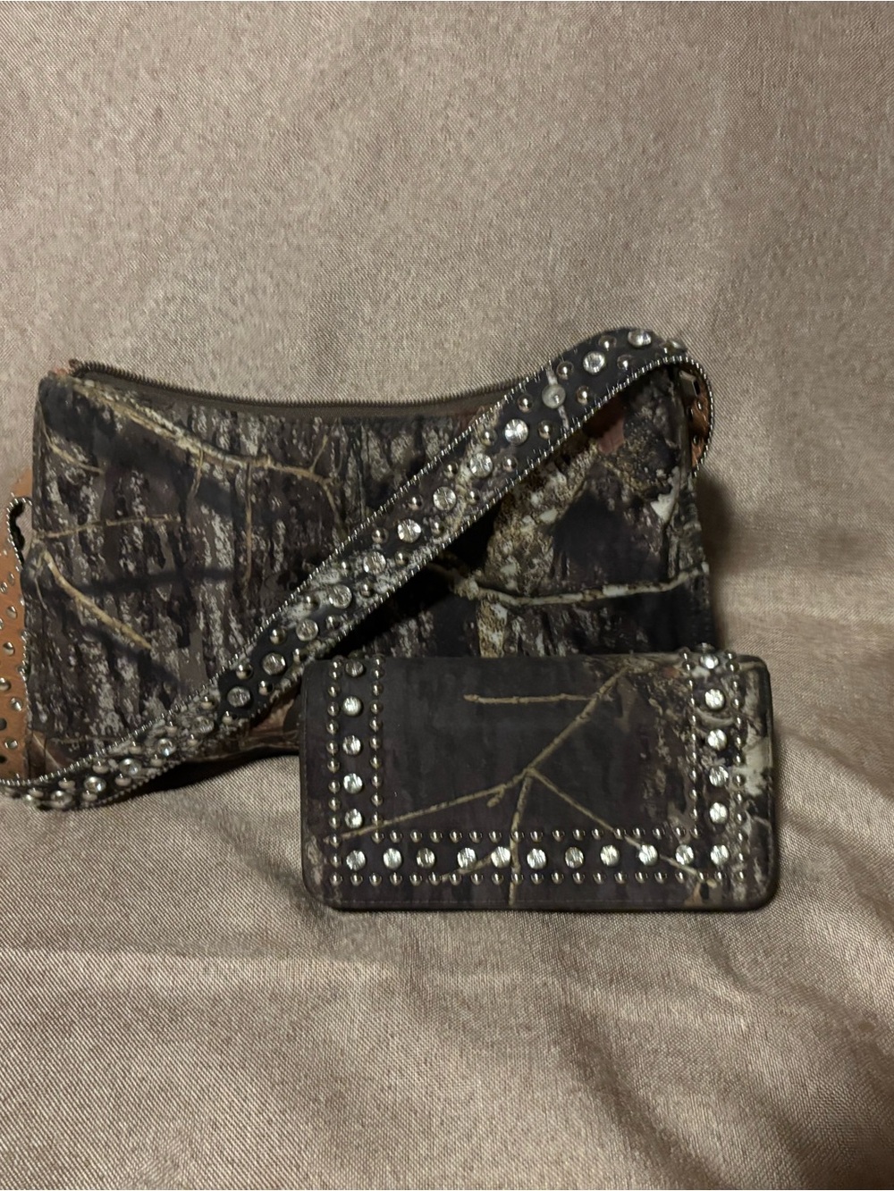 Mossy Oak Brown Camo Shoulder Bag with Studded Strap and Matching Wallet